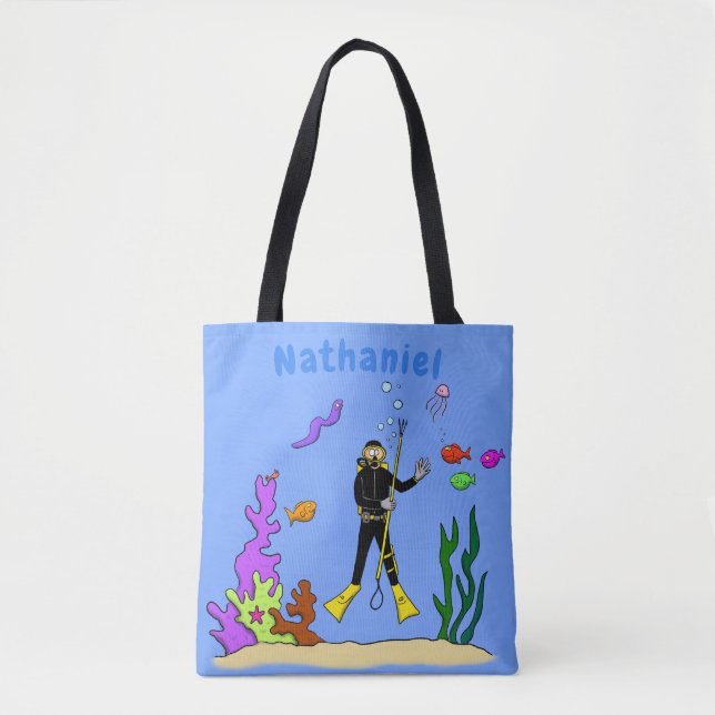 Funny Scuba Diver und Fischarten Cartoon Tasche (Vorderseite)