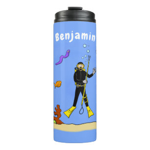 Funny Scuba Diver und Fischarten Cartoon Thermosbecher