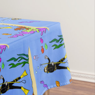 Funny Scuba Diver und Fischarten Cartoon Tischdecke