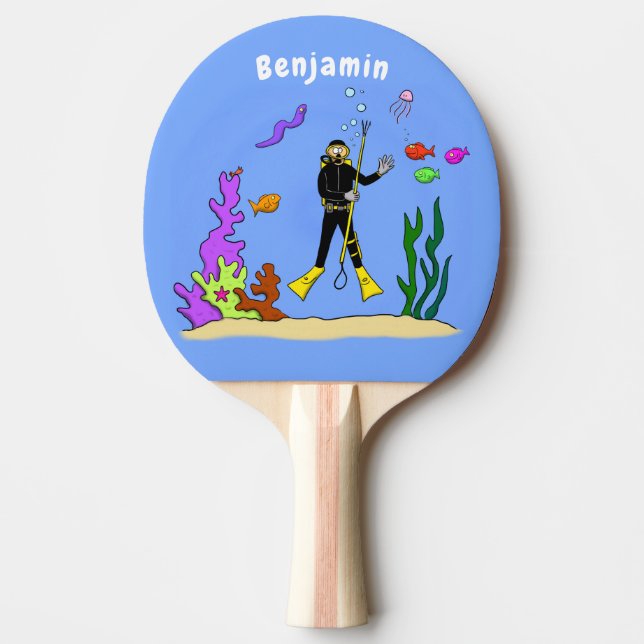 Funny Scuba Diver und Fischarten Cartoon Tischtennis Schläger (Vorderseite)