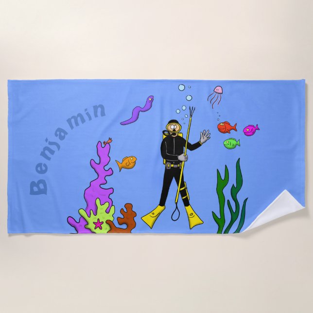 Funny Scuba Diver und freundliches Fisch Cartoon H Strandtuch (Vorderseite)