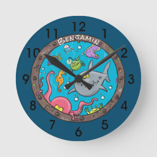 Funny sea creatures underwater cartoon drawing runde wanduhr