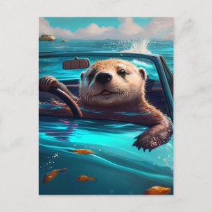 Funny Sea Otter Driving on Water Postcard Postkarte