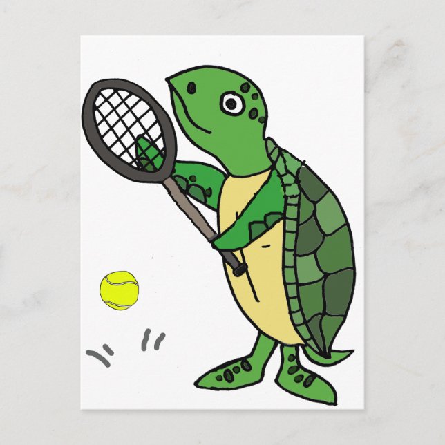 Funny Sea Turtle Playing Tennis Cartoon Postkarte (Vorderseite)