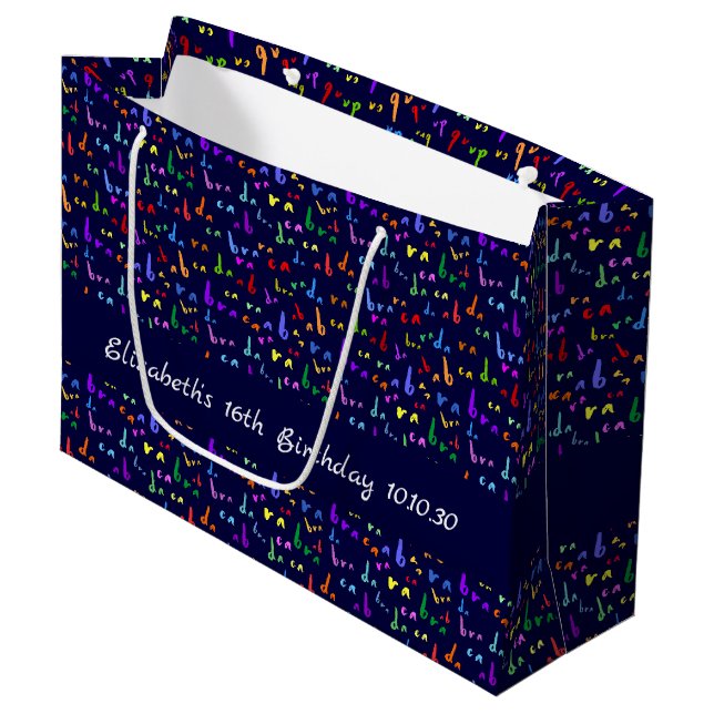 Funny Seamless Muster Abracadabra farbiger Text Große Geschenktüte (Vorderseite Schrägansicht)