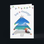 Funny Seas and Greetings Foto von Beach Christmas  Feiertagskarte<br><div class="desc">Wish them Seasons Greetings this holiday season with this funny and cute foto beach Christmas card with the greeting, Seas & Greetings in arched machen featuring a white sandy beach, red beach umbrella, and seascape inside of a whimsical Christmas tree! Inside of the card feature your foto and the message,...</div>