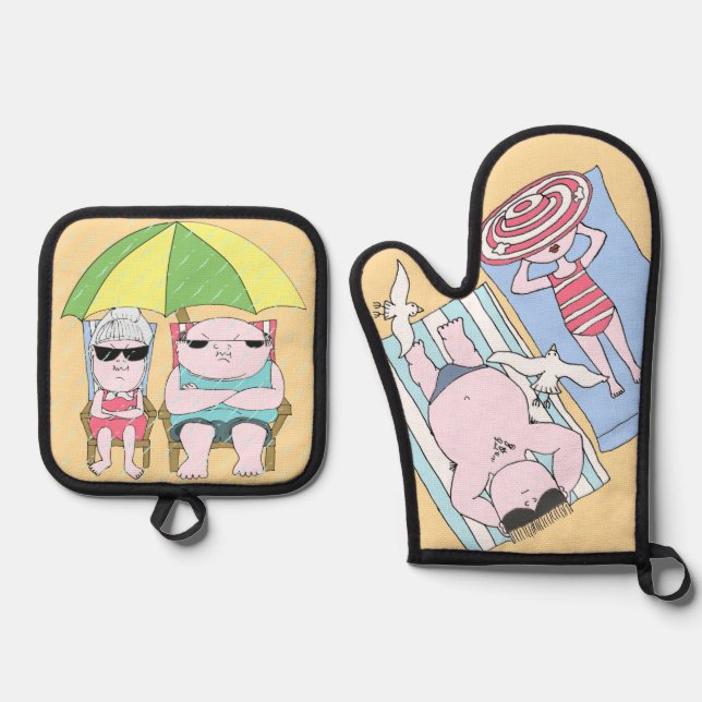 Funny Seaside Coupe Cartoon Seaside Art Ofenhandschuh & Topflappen-Set (Vorderseite)