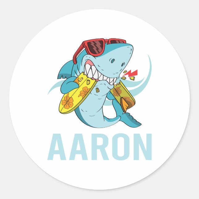 Funny Shark - Aaron Name Runder Aufkleber (Vorderseite)