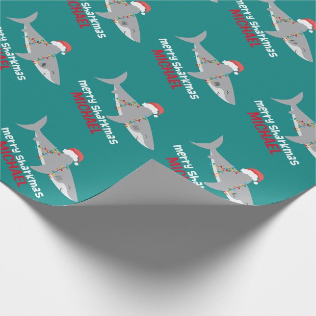 Funny Shark Christmas | Name Geschenkpapier (Ecke)