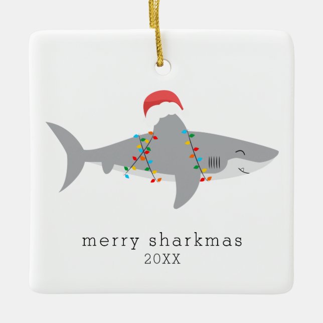 Funny Shark Merry Sharkmas Foto Keramikornament (Vorderseite)