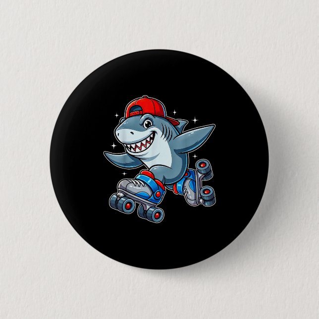 Funny Shark On Roller Skates Cute Cool Skater Anim Button (Vorderseite)