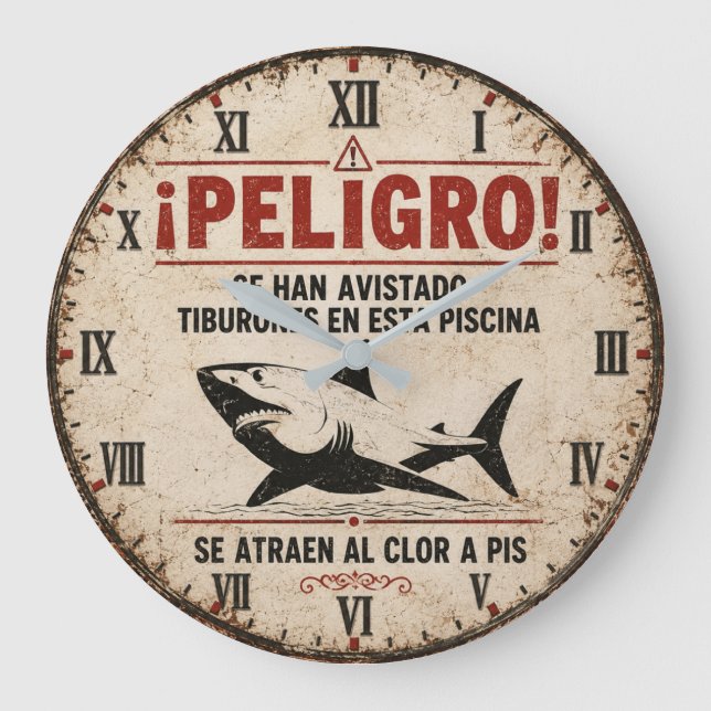 Funny Shark Warning Spanish Große Wanduhr (Vorderseite)