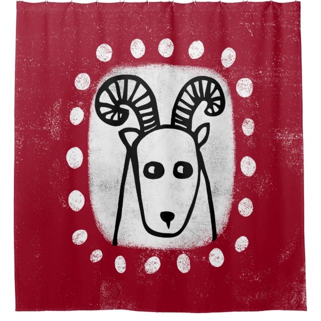 Funny Sheep Ram on Red Showvorhang Duschvorhang (Vorderseite)