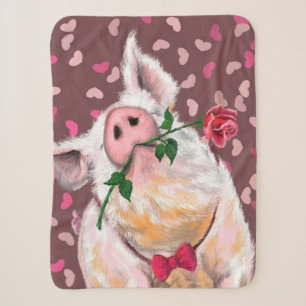 Funny Sherpa Blanket Gentleman Pig mit Rose Sherpadecke