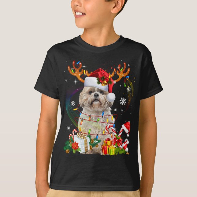Funny Shih Tzu Christmas Reindeer Weihnachtslicht T-Shirt (Vorderseite)
