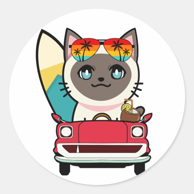 Funny siamese cat fährt zum Strand Runder Aufkleber (Vorderseite)