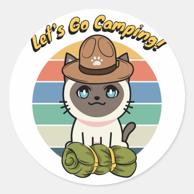 Funny Siamese Katze will Camping zu gehen Runder Aufkleber (Vorderseite)