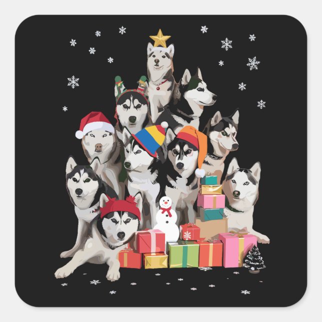 Funny Siberian Husky Christmas Tree Pet Dog Lover  Quadratischer Aufkleber (Vorderseite)