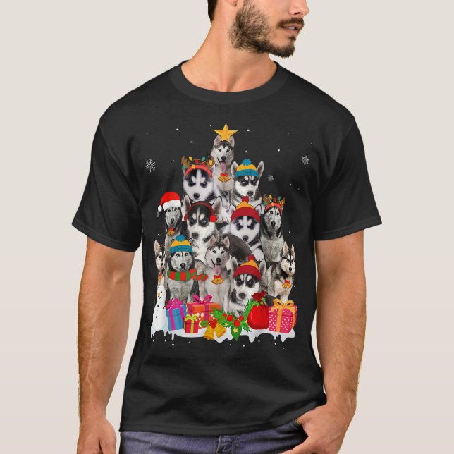Funny Siberian Husky Weihnachtsbaum Haustier Hund  T-Shirt (Vorderseite)