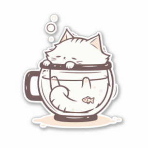 Funny Simple White Cat im Cup Aufkleber