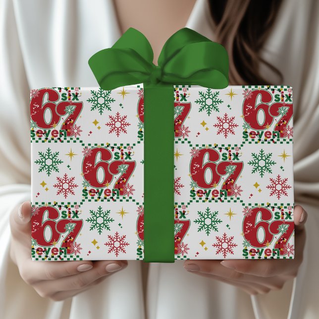 Funny Six Seven 67 Meme Retro Xmas Humor Christmas Geschenkpapier (Funny Six-Seven 67 retro checkerboard snowflake red green fun Christmas xmas Holiday wrapping paper)
