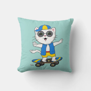 Funny Skater Cat Dressed in Blue & Yellow T - Shir Kissen