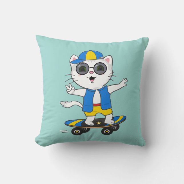 Funny Skater Cat Dressed in Blue & Yellow T - Shir Kissen (Vorderseite)
