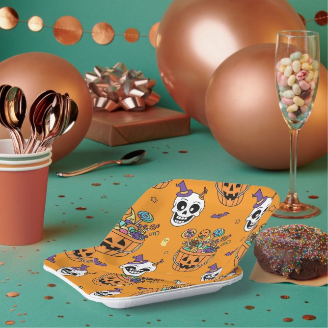 Funny Skeleton And Candy For Halloween Pappteller (Multi)