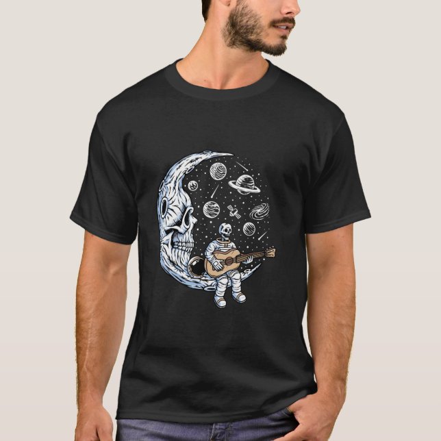 Funny Skeleton Astronaut spielt Gitarre Rock Music T-Shirt (Vorderseite)