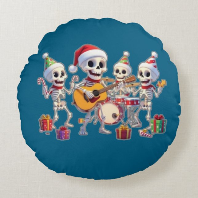 Funny Skeleton Band Christmas & New Year – 3D Cart Rundes Kissen (Vorderseite)