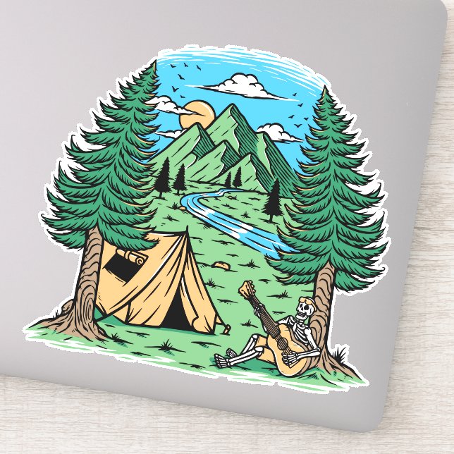 Funny Skeleton Camping Playing Guitar Aufkleber (Detail)