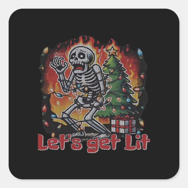 Funny Skeleton Christmas Let's Get Lit Classic Quadratischer Aufkleber (Vorderseite)
