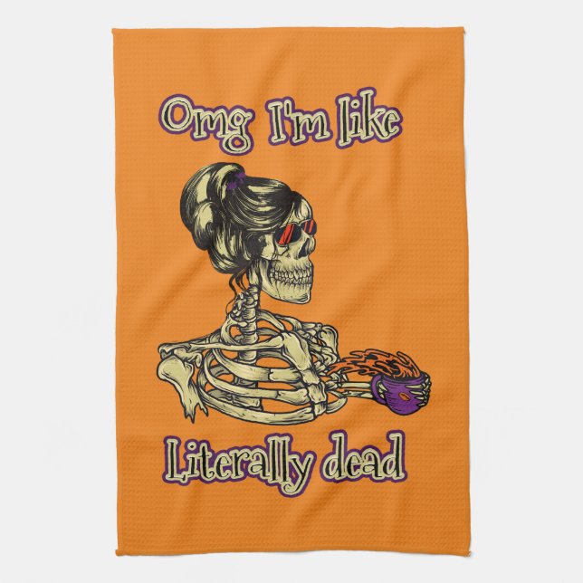 Funny Skeleton Drinking Ich bin buchstäblich tot K Geschirrtuch (Vertikal)