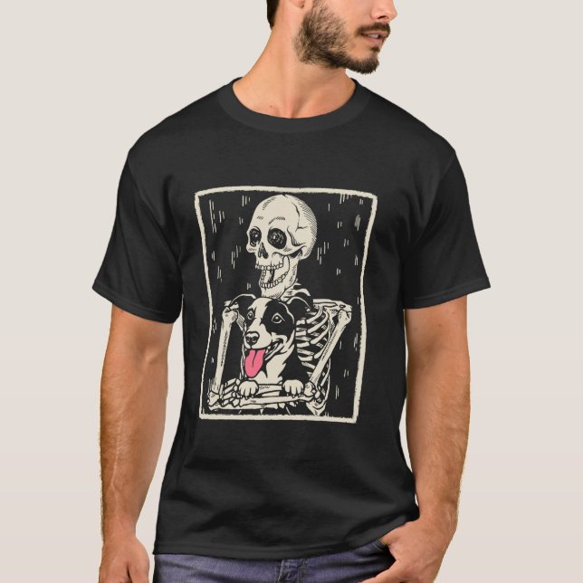 Funny Skeleton Hugs Jack Russell Terrier Dog Skull T-Shirt (Vorderseite)
