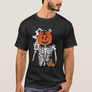 Funny Skeleton Kaffee Cups Retro Pumpkin Hal T-Shirt