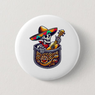 Funny Skeleton Mariachi Guitar Pocket Cinco De May Button