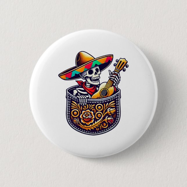 Funny Skeleton Mariachi Guitar Pocket Cinco De May Button (Vorderseite)