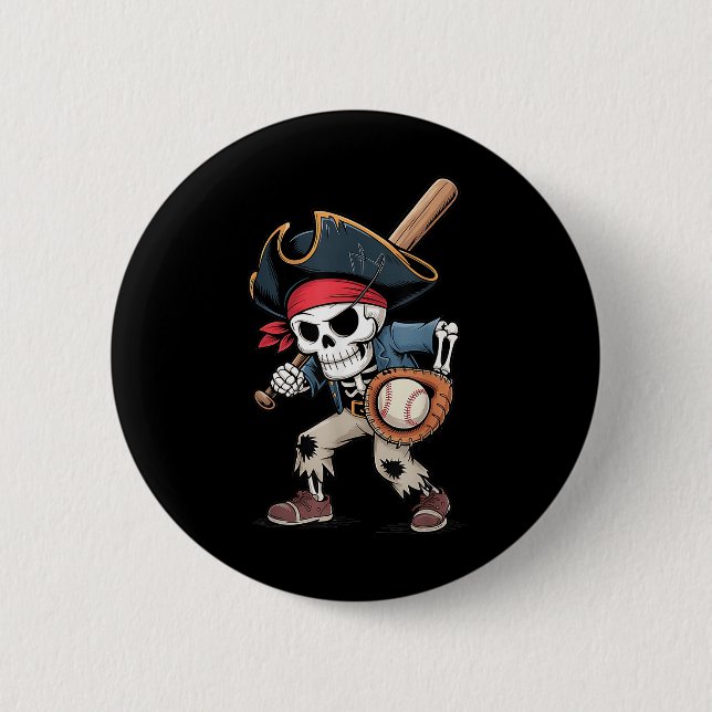 Funny Skeleton Pirate Baseball Halloween Kostüm B Button (Vorderseite)