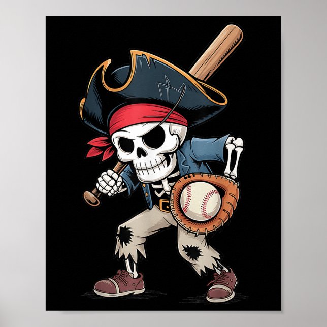 Funny Skeleton Pirate Baseball Halloween Kostüm B Poster (Vorne)