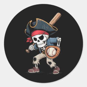 Funny Skeleton Pirate Baseball Halloween Kostüm B Runder Aufkleber