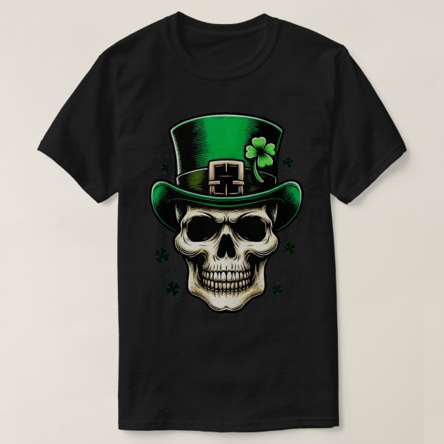 Funny Skeleton St Patricks Day Lucky Clover Shamro T-Shirt (Design vorne)