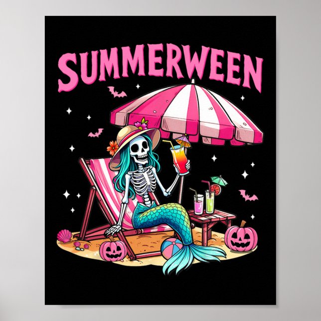 Funny Skeleton Summerween Mermaid Beach Halloween Poster (Vorne)