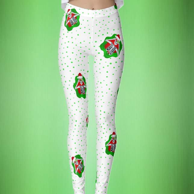 Funny Skeleton Weihnachtsmannmütze Rot Grüne Punkt Leggings (Funny Skeleton Santa Hat ornaments on white with green polka dots Christmas womans leggins.)