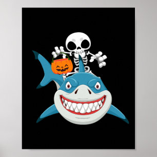 Funny Skeletter Riding Shark Jack O'lantern Pumpki Poster