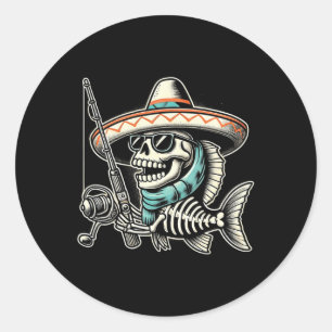 Funny Skeletts Fisch Sombrero Fishing Crew Geschen Runder Aufkleber