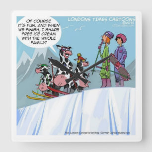 Funny Ski Cows Wall Clock Quadratische Wanduhr