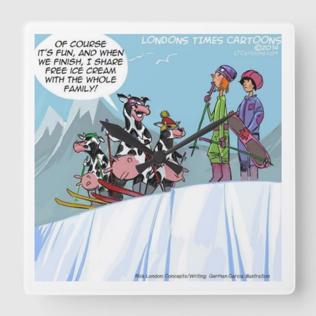 Funny Ski Cows Wall Clock Quadratische Wanduhr (Vorderseite)