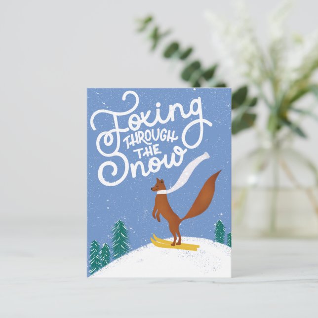 Funny Skiing Fox Weihnachtskarte Postkarte (Stehend Vorderseite)