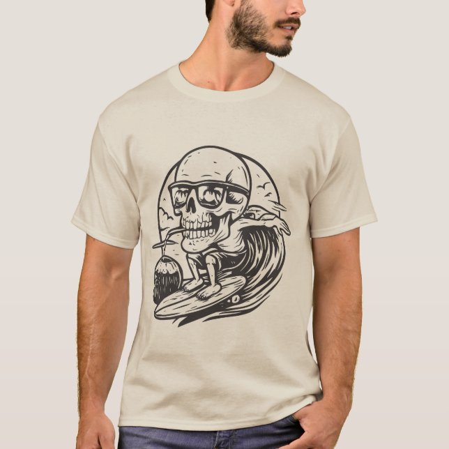 Funny Skull Surfing Drinking Coconut Summer Beach  T-Shirt (Vorderseite)