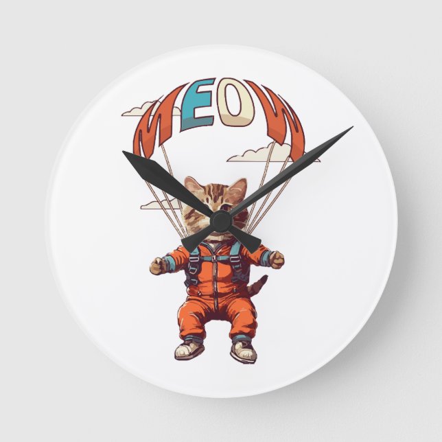 Funny Skydiving Cat Runde Wanduhr (Vorderseite)